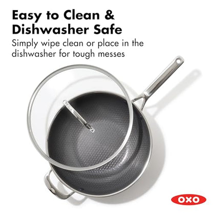 OXO Hybrid 12” Nonstick Wok with Glass Lid, PFAS-Free Ceramic Stir-Fry Pan, Induction & All Cooktop Compatible, Dishwasher Safe, Fusion Boost Tech for Powerful Searing, Mirror Polished Tri-Ply