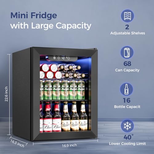 Feelfunn 1.7 Cu.Ft Beverage Refrigerator Cooler - 68 Can Mini Fridge Glass Door for Drink Soda Beer Wine - Small Refrigerator for Bedroom Office Home Dorm Bar, Black