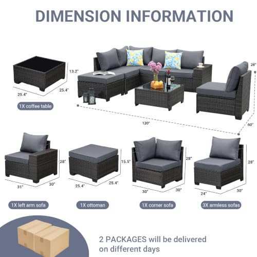 Jing's Villa 7-Piece Patio Furniture Set, All-Weather Outdoor Wicker Sectional Sofa with Cushions, Tempered Glass Table & Ottoman, Rattan Conversation Seating for Porch, Garden, Backyard,Grey