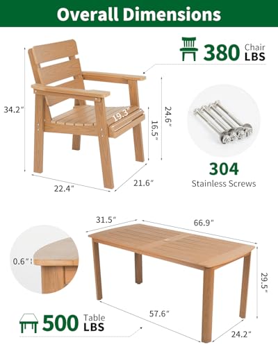 Kibaso 7-Piece Outdoor Dining Set, All-Weather HIPS Patio Table & Chairs for 6, Outdoor Furniture with Umbrella Hole, Ideal for Garden, Poolside, Backyard, Deck, Teak