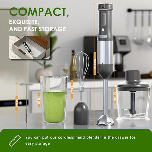 WHUTO Cordless Immersion Hand Blender, 5-in-1 Variable Speed blender handheld,Rechargeable with 2000mAh Battery, BPA-Free & Dishwasher-Safe Accessories:700ml Beaker,Chopper,Whisk & Milk Frother,Grey
