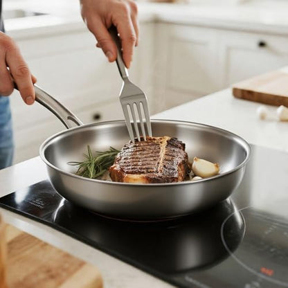 Kirecoo Tri-Ply Stainless Steel Pan - 12 Inch Frying Pan, Fast and Even Heat Stainless Steel Skillet, Induction Cookware, Dishwasher and Oven Safe Skillet