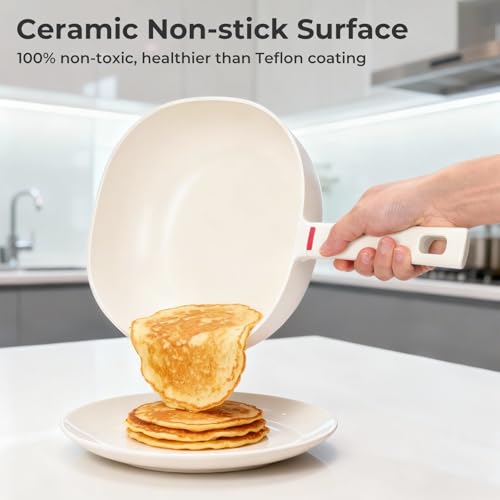 HANLE 9.8 Inch(3.2 QT) Nonstick Ceramic Saute Pan with Lid, Cast Aluminum Deep Frying Pans, Flat Bottom Induction Pan, Ceramic Non Toxic Cookware, PFOA PFAS & PTFE Free(White)