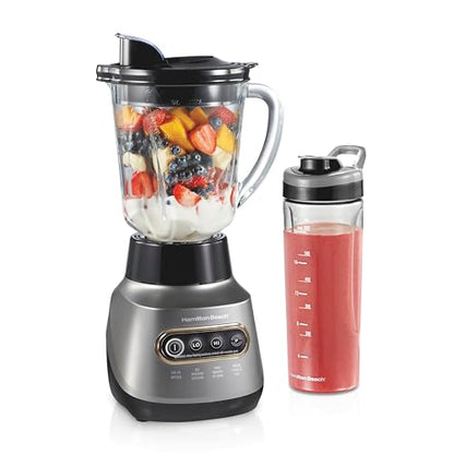 Hamilton Beach Wave Action Blender for Smoothies, Stainless Steel Ice Sabre Blades, 40oz Glass Jar, 20oz Blend-In Portable Travel Jar, 800 Watts, Quiet Design, Silver (58181)