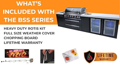 Mont Alpi 94"W x 75"D L-shaped Black Stainless Steel Modular Outdoor Kitchen Island with Infrared Side & Rear Burners + 44"W 6-Burner BBQ Gas Grill + Granite Countertops + Storage Cabinets & Drawers