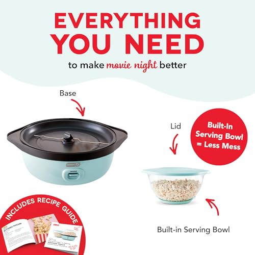 Dash SmartStore Deluxe Stirring Popcorn Maker - Hot Oil Electric Popcorn Popper with Butter-Warming Tray, Clear Serving Bowl, Storage Lid & Measuring Cup - 24 Cups, Aqua