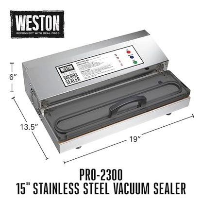 Weston Brands Vacuum Sealer Machine for Food Preservation & Sous Vide, Extra-Wide 5mm Bar for Sealing Bags up to 15" Wide, 1020 Watts, Commercial Grade Pro 2300, Stainless Steel (65-0220-W)