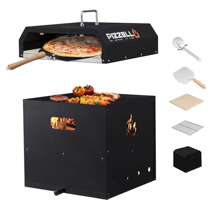 PIZZELLO 4-in-1 Outdoor Pizza Oven 16" Wood Fired Outside Oven 2-Layer Detachable Pizza Maker with Pizza Stone, Pizza Peel, Cover, Cooking Grill Grate, Pizzello Gusto