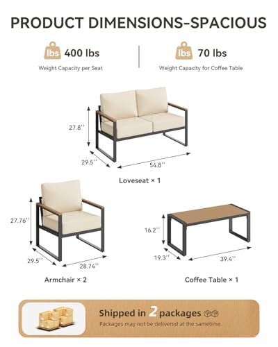 Aoxun Patio Furniture Set, 4 Piece Outdoor Patio Furniture with Thick Cushions, Modern Metal Outdoor Conversation Sets with Coffee Table for Porch, Balcony, Deck Beige