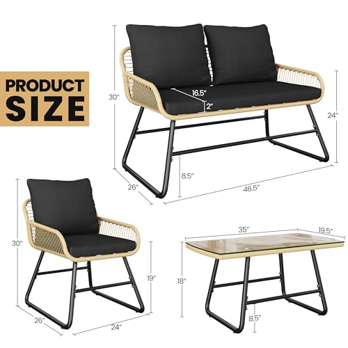 Yaheetech 4 Piece Patio Furniture Set, Outdoor Wicker Conversation Sets, Boho Loveseat & 2 Armchairs with Cushion and Pillow, Glass Top Table for Backyard, Porch, Balcony, Deck - Tan/Black