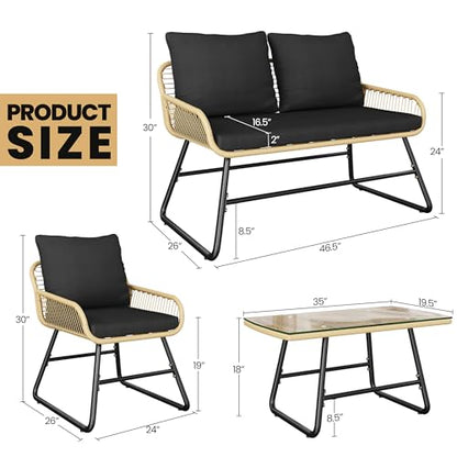 Yaheetech 4 Piece Patio Furniture Set, Outdoor Wicker Conversation Sets, Boho Loveseat & 2 Armchairs with Cushion and Pillow, Glass Top Table for Backyard, Porch, Balcony, Deck - Tan/Black