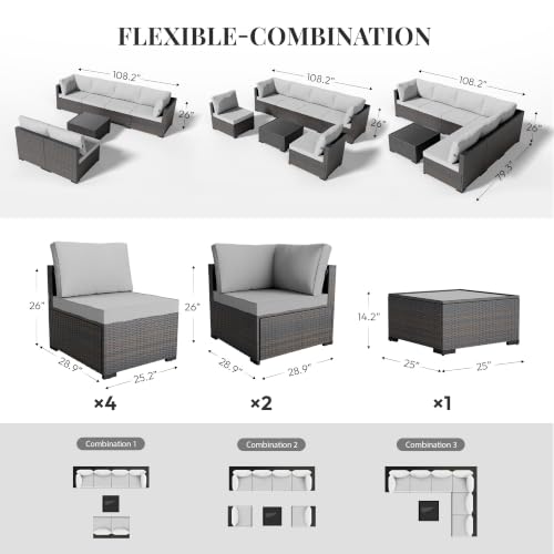 WWR Patio Furniture Set 7 Piece - All-Weather - Wicker Rattan Patio Outdoor Conversation Set, Modular Sectional Sofa for Backyard, Garden, Poolside, Balcony, Porch, Patio, Brown/Light Gray
