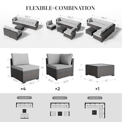 WWR Patio Furniture Set 7 Piece - All-Weather - Wicker Rattan Patio Outdoor Conversation Set, Modular Sectional Sofa for Backyard, Garden, Poolside, Balcony, Porch, Patio, Brown/Light Gray