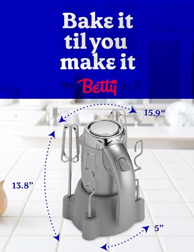 BETTY CROCKER Hand Blender 7 Speed, 250 Watt Electric Mixer with Beaters and Dough Hooks, Ergonomic Electric Hand Mixer for Home & Kitchen with Stand and Soft Touch Handle, Silver