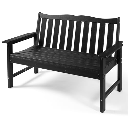 Backyard Expressions Poly Patio Bench (800 Lb Capacity) – Weatherproof Outdoor Bench, Low Maintenance, Heavy-Duty Recycled Material – Ideal for Porch, Patio & Park (Black Woodgrain Look)