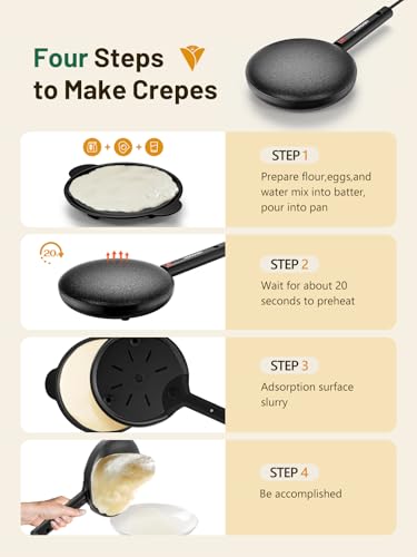 Electric Crepe Maker Machine, Homcozy Instant Crepe Maker with Handle, 8 Inch Non-Stick Coating Crepe Pan, Auto Temperature Control for Crepes, Pancakes, Bacon, Tortilla