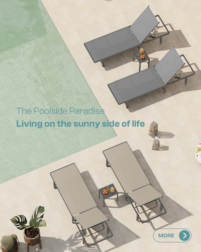 Oasbira Aluminum Outdoor Lounge Chairs Set of 2, Pool Lounge Chairs with Wheels and 5-Position Recliner -Easy to Move- Patio Chaise Lounge Outdoor for Poolside, Deck, Beach (Darkgray)