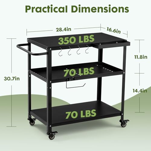 GVGBUK Outdoor Grill Cart Table,Indoor and Outdoor Pizza Oven Table,with 4 Movable Total Lock Casters, Hooks, Side Handle Multifunctional (Black) (Black)
