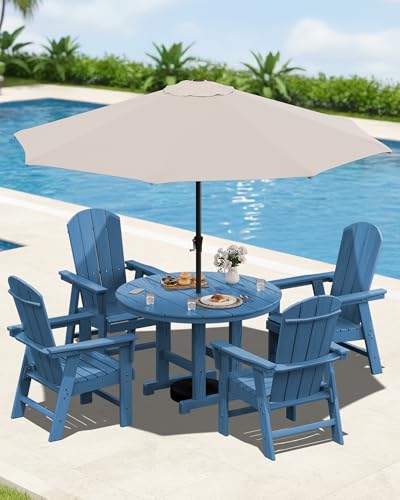 SERWALL 6-Pc Adirondack Patio Dining Sets with 9FT Umbrella, Navy (No Base)