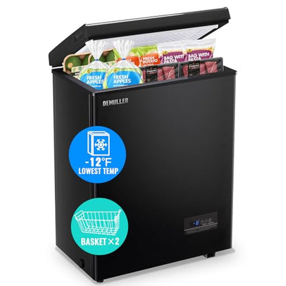 DEMULLER Chest Freezer 4.0 CU. FT Ultra-low Temperature Deep Freezers (Down to -12 ℉) with TWO Removable Baskets Accurate Display of Cabinet Temp Freestanding Black