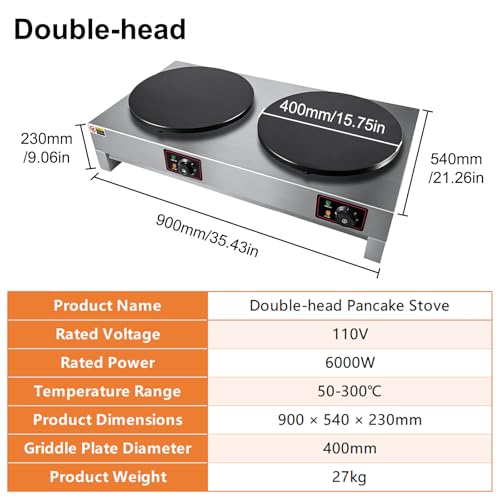 HNZXIB Commercial Electric Crepe Maker, 16 Inch Non‑Stick Cast Iron Griddle, Independent Temperature Control 122℉‑572℉, 6KW High Power Crepe Machine for Restaurant, Snack Bar, Food Stall - Double