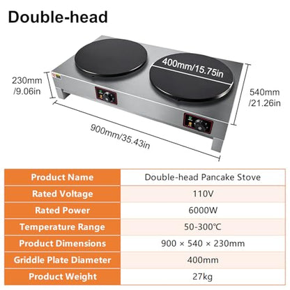 HNZXIB Commercial Electric Crepe Maker, 16 Inch Non‑Stick Cast Iron Griddle, Independent Temperature Control 122℉‑572℉, 6KW High Power Crepe Machine for Restaurant, Snack Bar, Food Stall - Double
