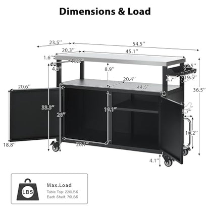 LUMISOL Outdoor Grill Table with Stainless Steel Tabletop, 54.5" Outdoor Kitchen Island with Storage Cabinet, Rolling Bar Cart Sink Station with 4 Lockable Wheels for Pizza Prep, Black