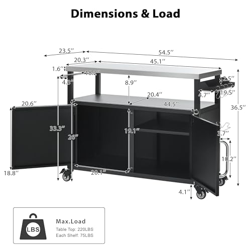 54.5" Outdoor Kitchen Island with Stainless Steel Tabletop, Metal Grill Cart Table with Storage Cabinet, Spice Rack and Towel Rack, Outdoor Bar Cart with 4 Lockable Wheels for Outside BBQ (Black@79)
