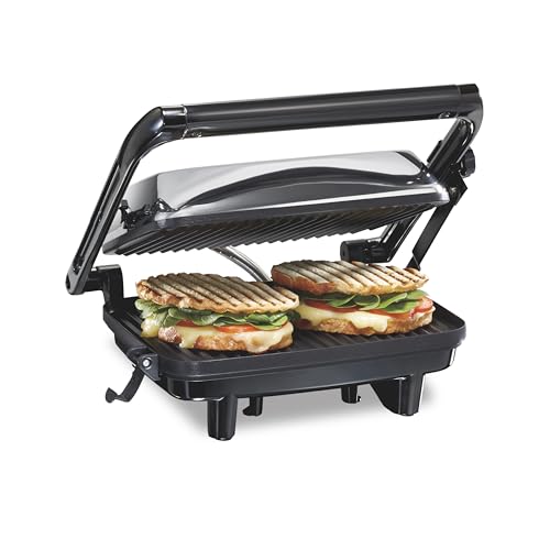 Hamilton Beach Panini Press Sandwich Maker & Electric Indoor Grill with Locking Lid, Opens Wide to Fit Any Thickness for Quesadillas, Burgers & More, Nonstick 8" x 10" Grids, Chrome (25460MNA)