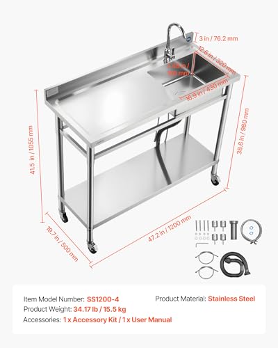 VEVOR Stainless Steel Utility Sink, Rolling Single Bowl Commercial Kitchen Sink with Wheels,Faucet and Hot & Cold Water Pipe,Utility Basin Workbench for Garage Restaurant Laundry 47.2 x 19.7 x 41.5 in