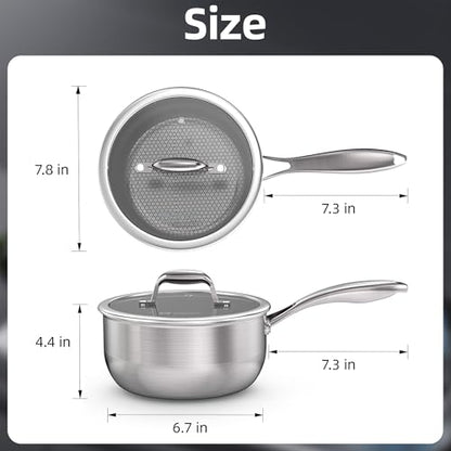 COOKER KING 3 Quart Stainless Steel Saucepan with Lid, Tri-Ply Ceramic Nonstick Pot, Metal Utensil Safe, Dishwasher & Oven Safe up to 900F, Induction Cookware for All Stovetops