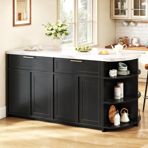 HSH 63” Large Kitchen Island with Seating, White Faux Marble Island Table with 2 Storage Drawers, Cabinets, 3 Open Shelves, Modern Counter Height Stationary Island Prep Table for Kitchen Dining Room