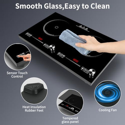 HUIPUSHE 2 burner induction cooktop,110V3600W 24 inch induction hot plate,induction stove top with LED touch and Knob Control, with 9 Power Levels, Kids Lock & 4H,24 Inch double induction cooktop
