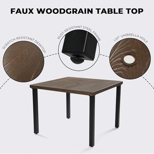 Grand patio 5-Piece Outdoor Dining Set for 4, Metal Woven Wicker Fixed Patio Chairs with Thickened Cushions & 1 Square Woodgrain Dining Table with Umbrella Hole for Backyard Deck (Natural)