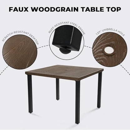 Grand patio 5-Piece Outdoor Dining Set for 4, Metal Woven Wicker Fixed Patio Chairs with Thickened Cushions & 1 Square Woodgrain Dining Table with Umbrella Hole for Backyard Deck (Natural)