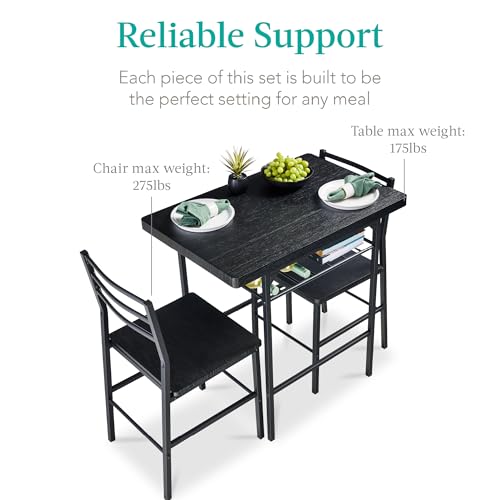 Best Choice Products 3-Piece Modern Dining Set, Space Saving Dinette for Kitchen, Dining Room, Small Space w/Steel Frame, Built-in Storage Rack - Black/Black