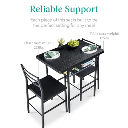 Best Choice Products 3-Piece Modern Dining Set, Space Saving Dinette for Kitchen, Dining Room, Small Space w/Steel Frame, Built-in Storage Rack - Black/Black