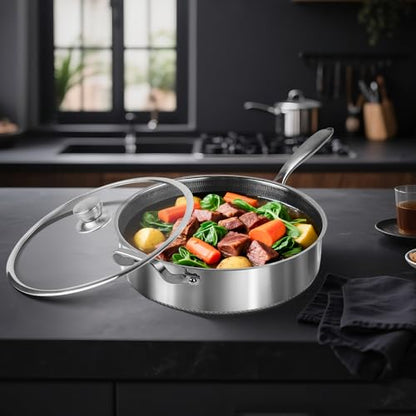 Toutrop Frying Pans Nonstick wih Lid, Non Stick Tri-Ply Stainless Steel Saute Pan, 8 Quarts Large Sauté Pan, 13.5 Inch Induction Cooking Pan, Dishwasher and Oven Safe, PFOA Free