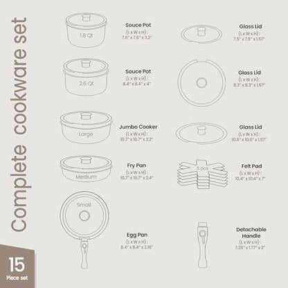 Bakken- Swiss Kitchen Cookware Set - Nonstick Granite Coating, Pots and Pans with Handles and Tempered Glass Lids, PFOA, PFOS, PTFE Free, Ceramic Max Temperature (Up To 500° F), Set of 15 - Dark Gray