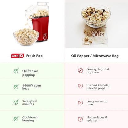 DASH Fresh Pop Popcorn Maker - Oil-Free, Air Popcorn Popper - With Measuring Cup & Recipe Guide - Perfect for Movie Nights - 16 Cups, Red