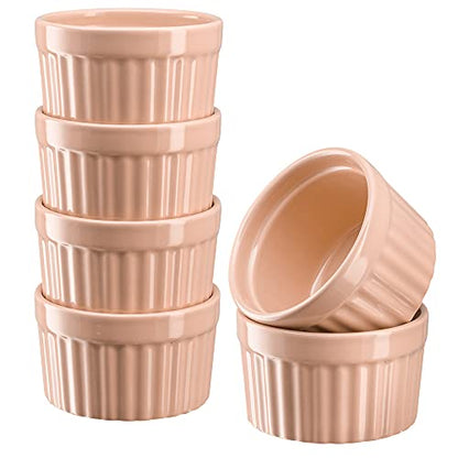 Kook Ramekins, Creme Brulee, Pink Ramekins, Set of 6 Porcelain Souffle Dishes, Oven Safe, for Baking Pot Pies, Lava Cake, Soup, 10 Oz (Peach)