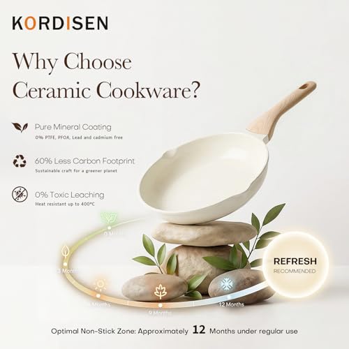 Kordisen Nonstick Ceramic Frying Pan Set, 3 Piece Ceramic Skillet Set, Healthy Non Toxic Cooking Pan, Stay-Cool Handle, Induction Compatible, PFOA & PFAS Free, White