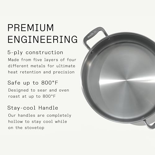 Made In Cookware | 10 Quart Stainless Steel Rondeau Pot w/Lid | 5 Ply Stainless Clad | Professional Cookware | Crafted in Italy | Induction Compatible