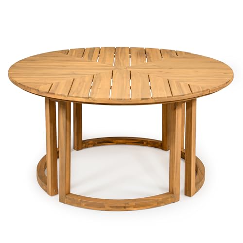 XD Designs 7-Piece Outdoor Patio Dining Set, All-Weather Acacia Wood 59'' Round Dining Table with 1.96" Umbrella Hole and 6 Arm Chairs for Backyard, Balcony, Garden, Poolside (Light Teak-2.14)