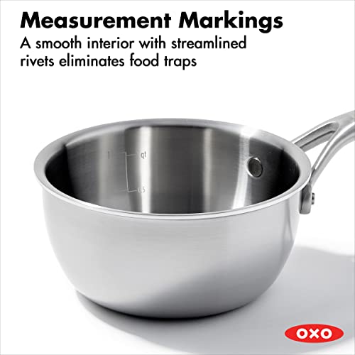OXO Mira Tri-Ply Stainless Steel, 1.5QT Covered Chef's Pan with Lid, PFAS-Free, Multi Clad, Induction, Dishwasher Safe, Oven Safe, Silver