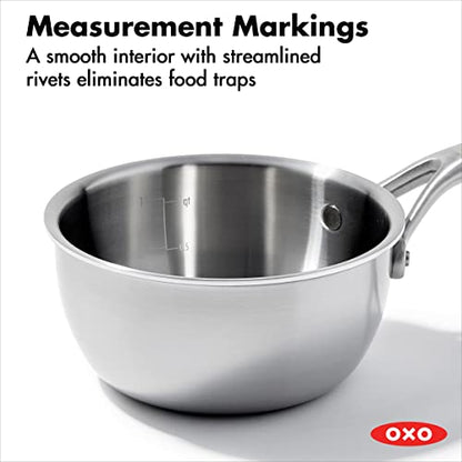 OXO Mira Tri-Ply Stainless Steel, 1.5QT Covered Chef's Pan with Lid, PFAS-Free, Multi Clad, Induction, Dishwasher Safe, Oven Safe, Silver