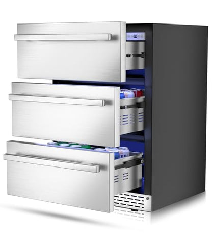 RLPI 3 Drawer Outdoor Beverage Refrigerator Undercounter, Hold 180 Cans 24 inch Weather Proof Stainless Steel Beverage Fridge, Built-in & Freestanding Beverage Cooler Fridge for Soda, Beer, Fruit
