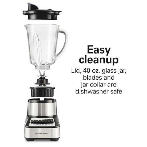 Hamilton Beach Wave Crusher Blender For Smoothies With 40 Oz Glass Jar and 14 Functions, Ice Sabre Blades & 700 Watts for Consistently Smooth Results, Black + Stainless Steel (54221)