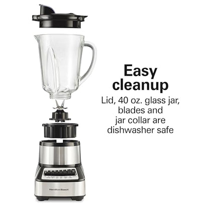 Hamilton Beach Wave Crusher Blender For Smoothies With 40 Oz Glass Jar and 14 Functions, Ice Sabre Blades & 700 Watts for Consistently Smooth Results, Black + Stainless Steel (54221)