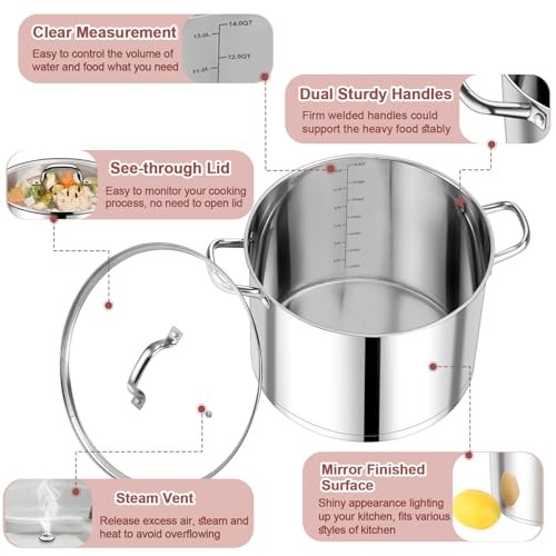 P&P CHEF 14 QT Stock Pot with Lid, Stainless Steel Large Cooking Pot, Soup Canning Stockpot for Stewing Simmering, Tri-ply Bottom for All Stoves, Heavy-Duty &Dishwasher Safe & Food-Grade